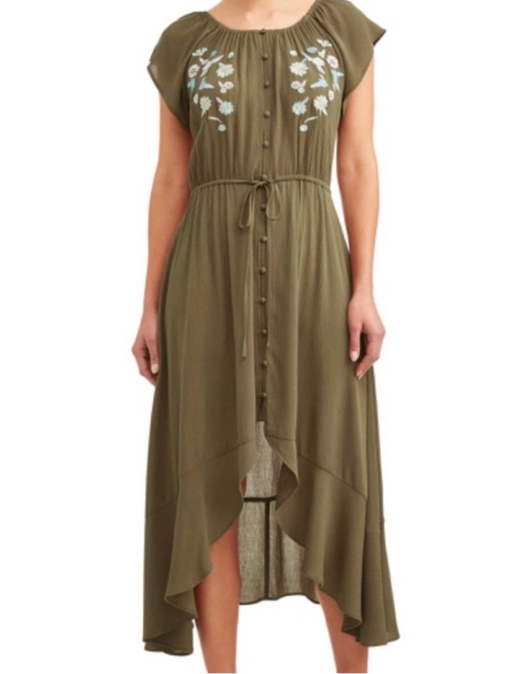 Cherokee Olive High-Low Maxi Dress with Floral Embroidery